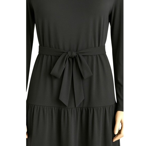 Women’s Black Long Sleeve Relaxed Fit Layered Dress XL Knee Length Self Tie Belt - Picture 7 of 10